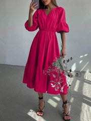 Elasticity Pleated Solid Color A-Line Half Sleeves V-Neck Midi Dresses