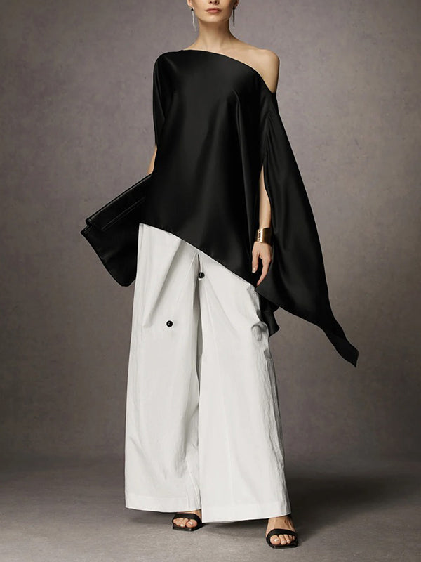 Asymmetric Solid Color Batwing Sleeves Loose One-shoulder Blouses&shirts Tops