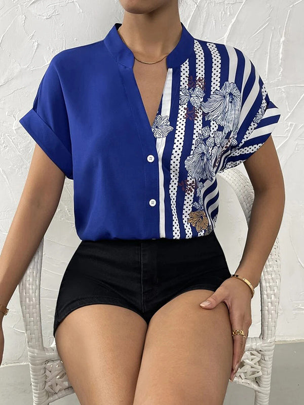 Buttoned Contrast Color Flower Print Striped Loose Short Sleeves V-Neck Blouses&Shirts Tops