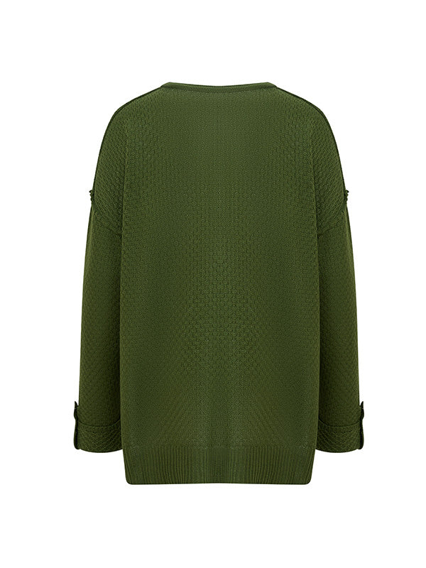 Buttoned Split-Side Long Sleeves Loose V-Neck Sweater Tops Pullovers