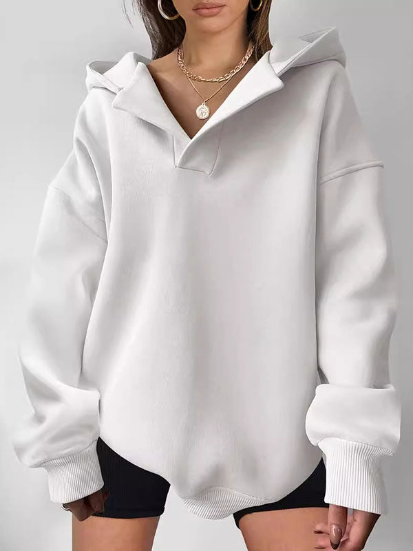 Solid Color Split-Joint Loose Puff Sleeves Hooded Hoodies Tops