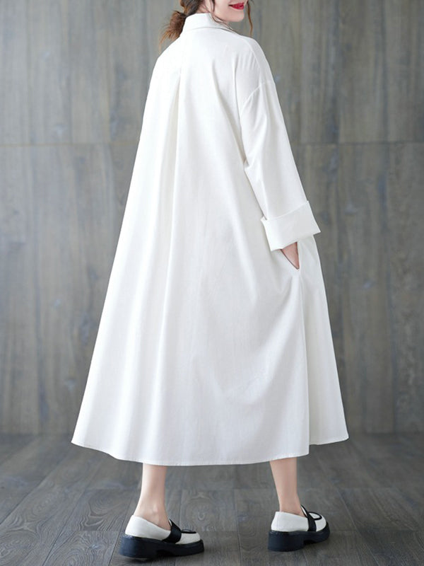 Buttoned Solid Color A-Line Long Sleeves Lapel Shirt Dress Midi Dresses