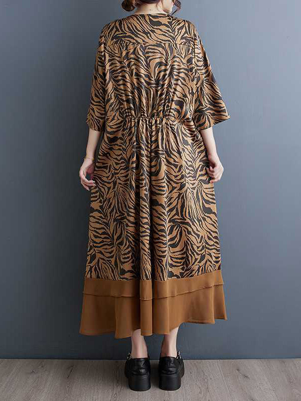 Ruffled Split-Joint Zebra-Stripe A-Line Batwing Sleeves V-Neck Midi Dresses