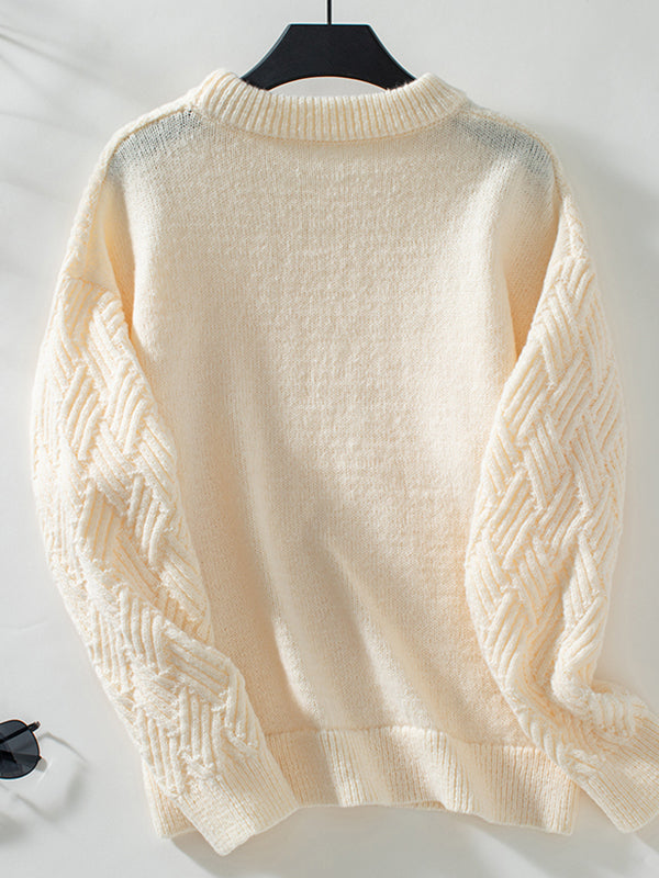Solid Color Split-Joint Long Sleeves Loose Round-Neck Sweater Tops Pullovers