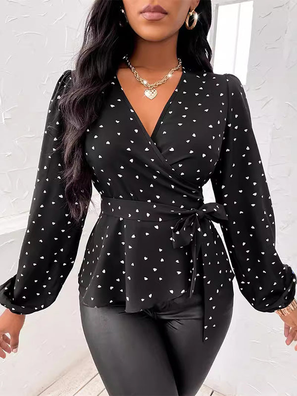 Heart Print Tied Waist Long Sleeves Puff Sleeves Deep V-Neck Blouses&shirts Tops