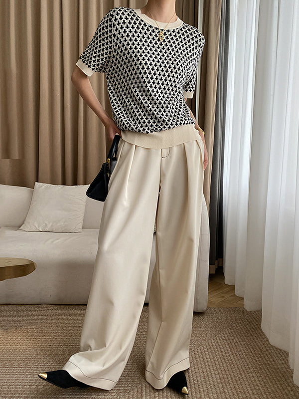 Houndstooth Half Sleeves Round-Neck Sweater Tops