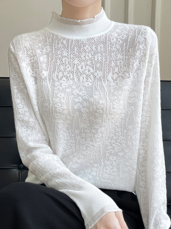 Crochet Solid Color Long Sleeves Loose Mock Neck T-Shirts Tops