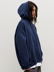 Pockets Solid Color Velvet Long Sleeves Loose Hooded Hoodies Tops