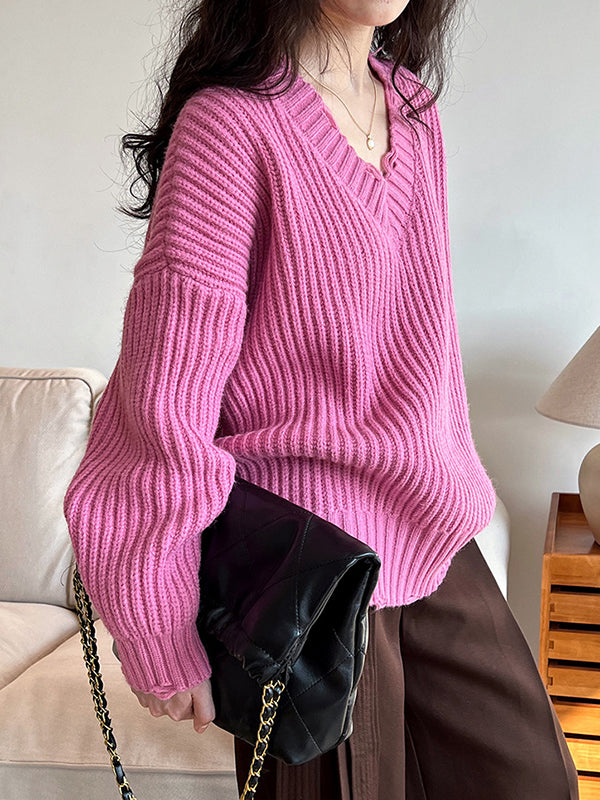 Hollow Solid Color Long Sleeves Loose V-Neck Sweater Tops Pullovers