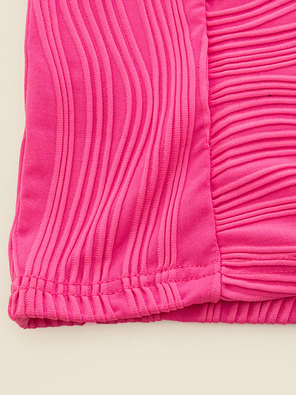 Pleated Solid Color Split-Joint Bodycon Long Sleeves Round-Neck Mini Dresses