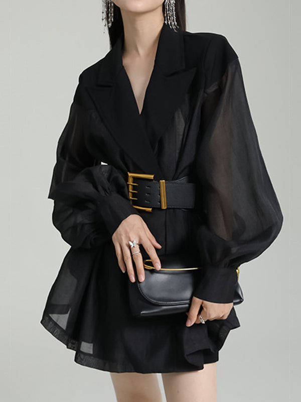 See-Through Split-Joint Tied Waist Loose Puff Sleeves Lapel Blouses&Shirts Tops