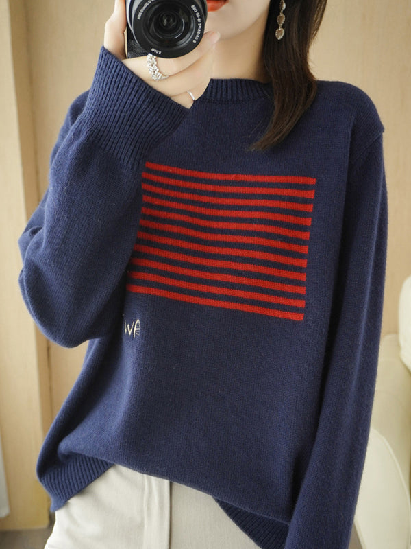 Casual Loose Long Sleeves Striped Round-Neck Sweater Tops