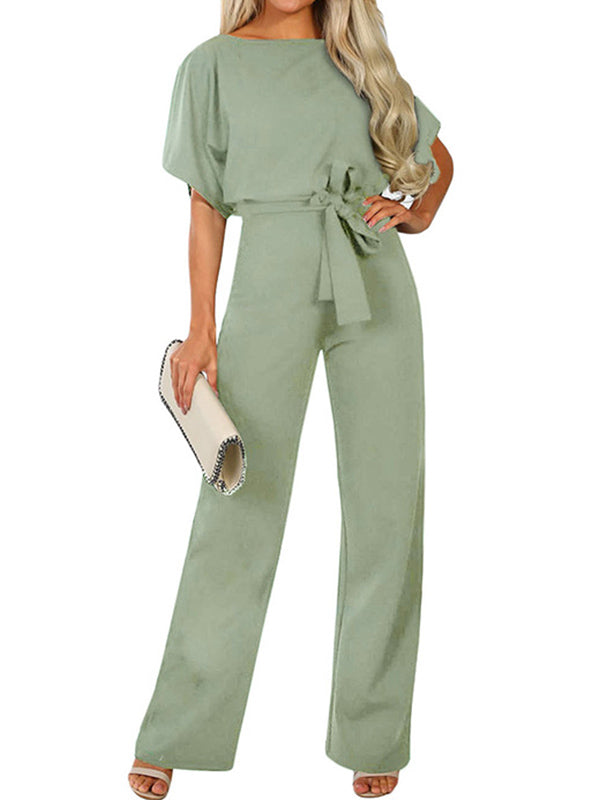 Ribbed Solid Color Loose Short Sleeves Round-neck Jumpsuits