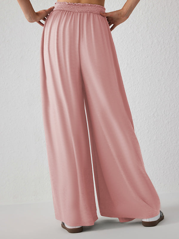 Pleated Pockets Solid Color Split-Joint High Waisted Loose Trousers Pants
