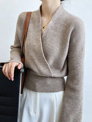 Casual Long Sleeves Loose Solid Color Cross V-Neck Sweater Tops