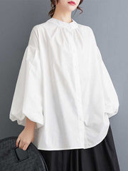 Buttoned Hollow Pleated Solid Color Loose Nine-Minute Sleeve Round-Neck Blouses&Shirts Tops