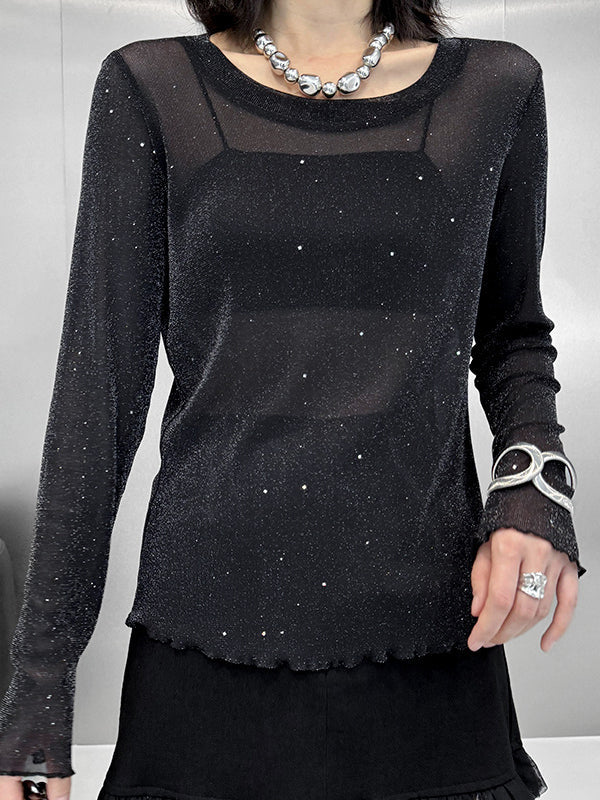 See-Through Shiny Long Sleeves Loose Round-Neck T-Shirts Tops