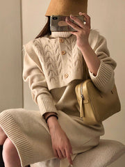 Original Stylish Buttoned Shawl High-Neck Long Sleeves Sweater Dress