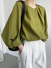 Pleated See-Through Solid Color Split-Joint High-Low Loose Round-Neck Blouses