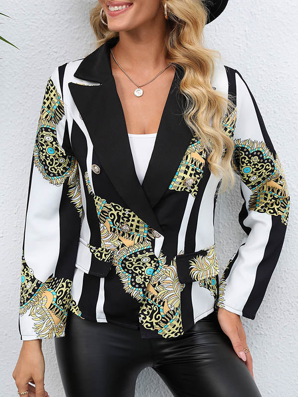 Buttoned Pockets Printed Long Sleeves Loose Notched Collar Outerwear Blazer