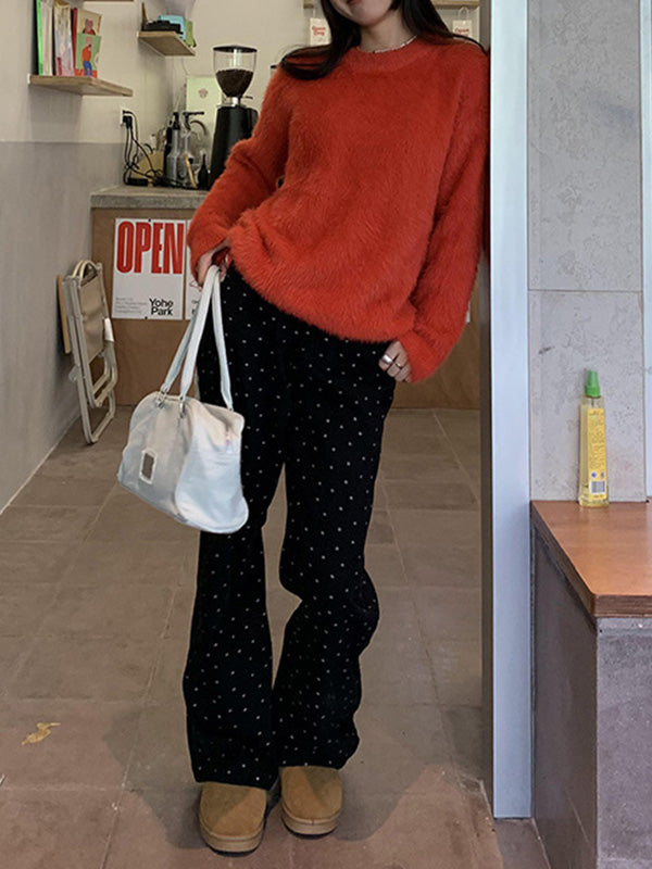 Polka-Dot Printed Split-Joint High Waisted Loose Trousers Pants