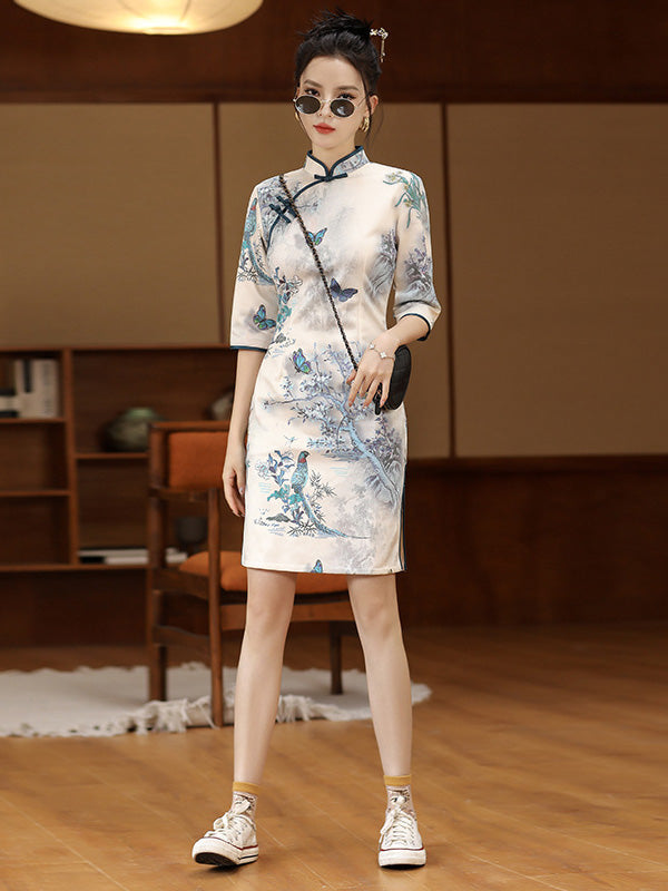 Original Half Sleeves Animal Printed Split-Side Stand Collar Short Cheongsams