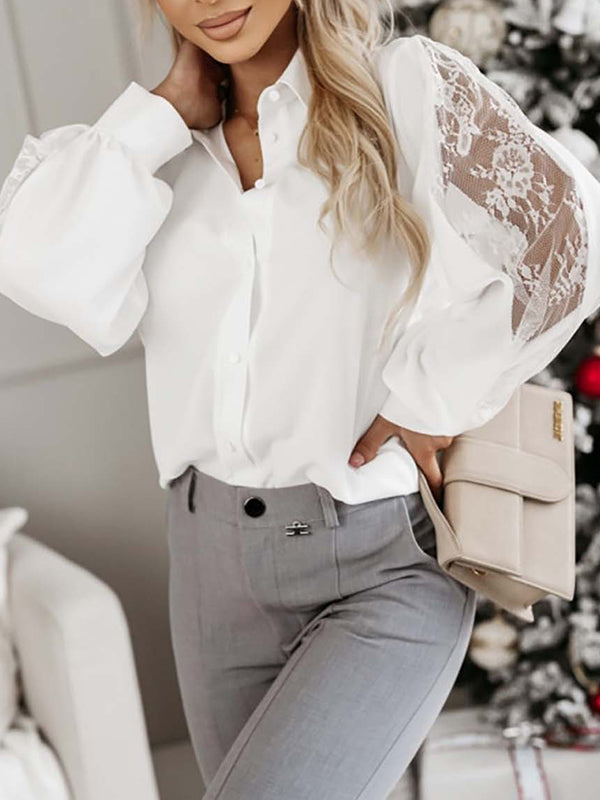 Buttoned Mesh Split-Joint Long Sleeves Loose Lapel Blouses&Shirts Tops