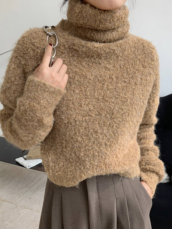 Stylish Solid High-Neck Wool-Blend Sweater
