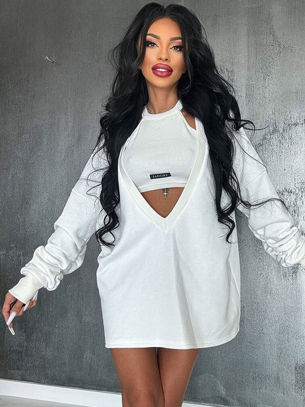 Loose Solid Color Round-neck Mini Dresses & Vest Top Two Pieces Set