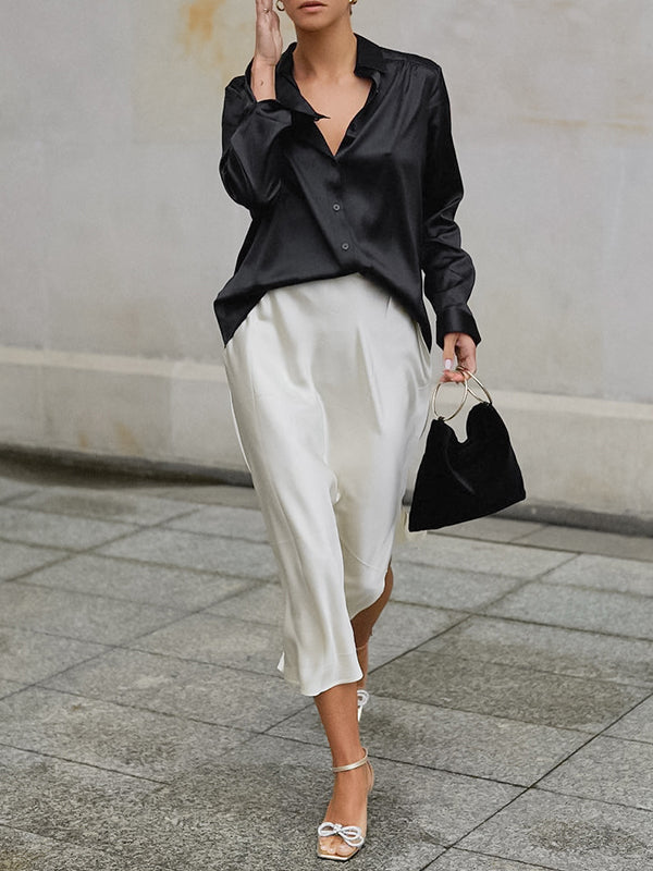 Solid Color Split-Joint Long Sleeves Loose Lapel Blouses