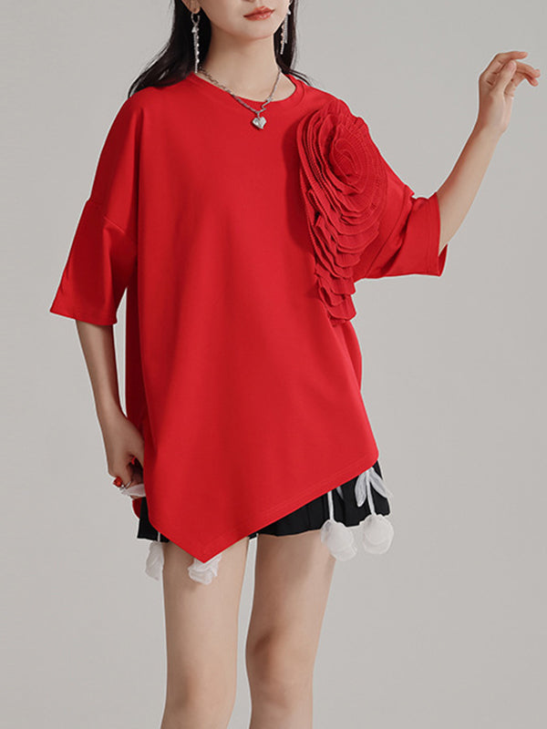 Asymmetric Solid Color Three-Dimensional Flower Loose Short Sleeves Round-Neck T-Shirts Tops