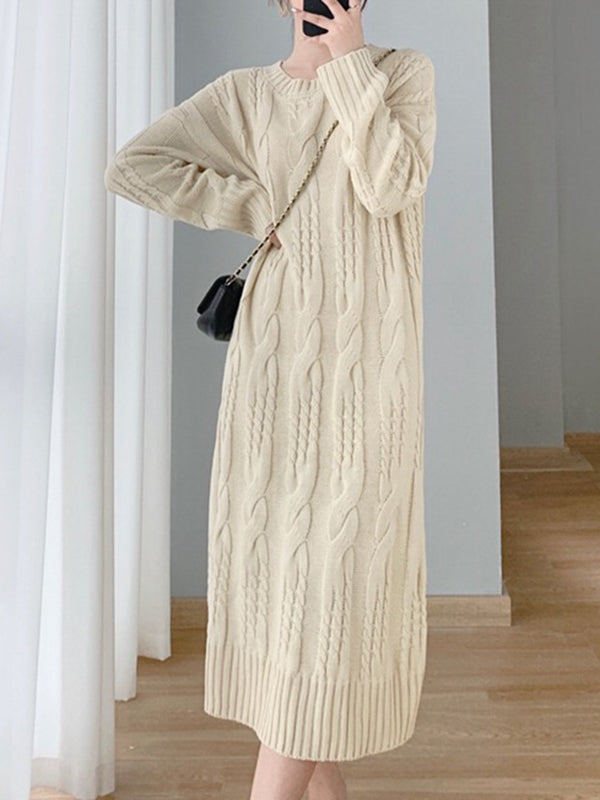 Simple Loose Long Sleeves Jacquard Solid Color Round-Neck Midi Dresses