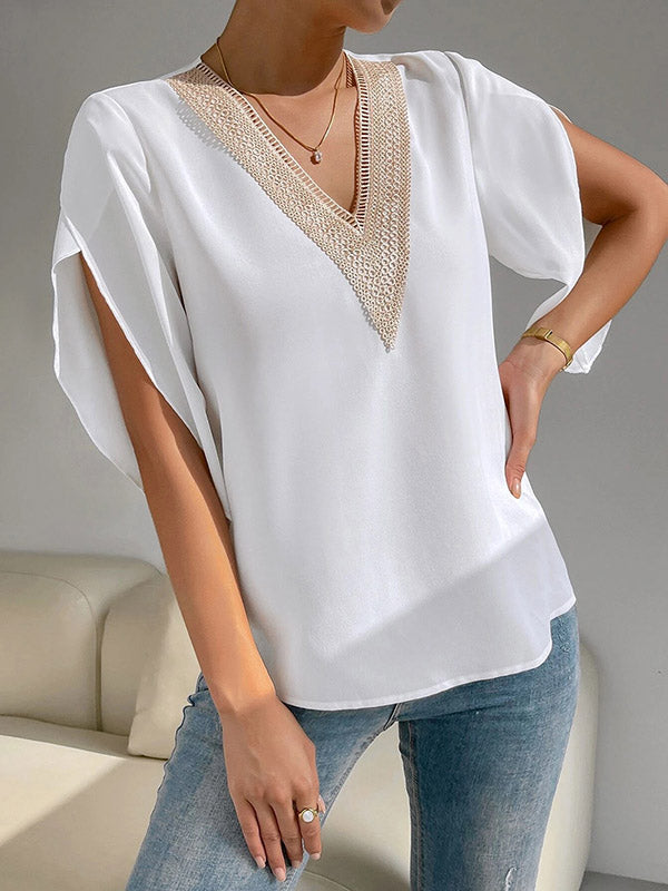 Hollow Split-Joint Half Sleeves Loose V-Neck Blouses&Shirts Tops