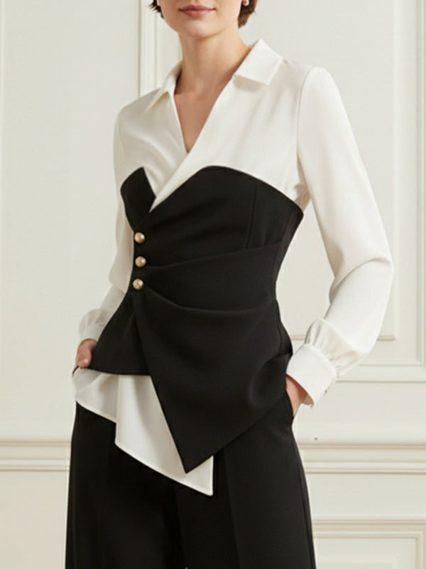 Elasticated Waist Irregularity Asymmetric Buttoned Contrast Color Split-Joint V-Neck Blouses&Shirts Tops
