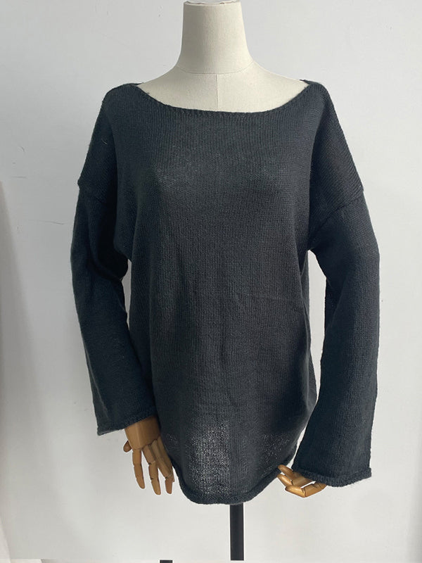 See-Through Solid Color Split-Joint Long Sleeves Loose Round-Neck Sweater Tops
