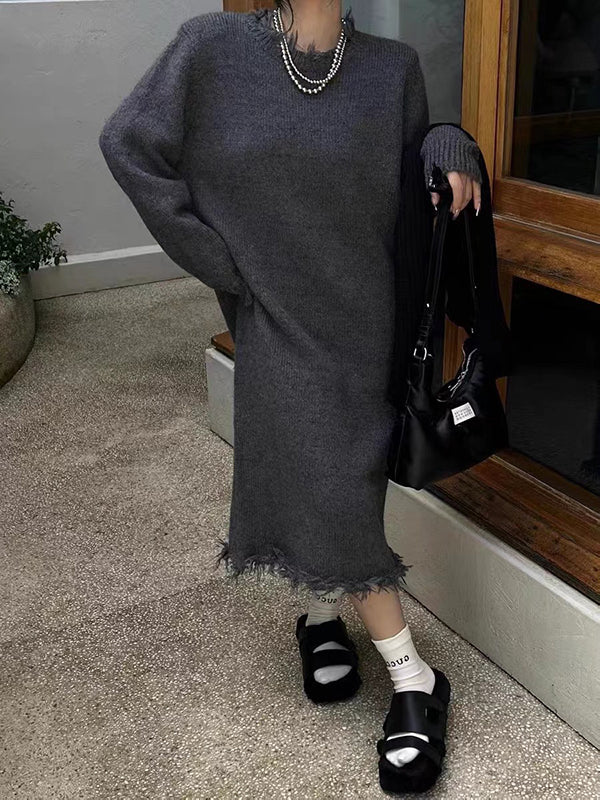 Fringed Solid Color High Waisted Long Sleeves Round-Neck Sweater Dresses Midi Dresses