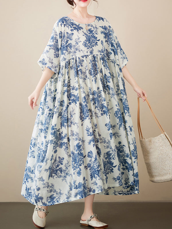 Floral Printed Pleated Split-Joint Loose Short Sleeves Round-Neck Midi Dresses