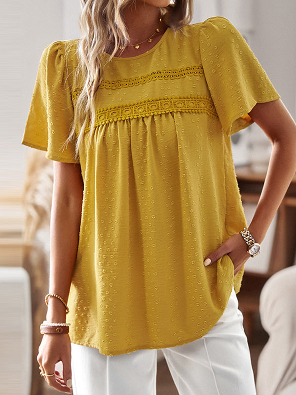 Hollow Jacquard Pleated Solid Color Split-Joint Loose Short Sleeves Round-Neck T-Shirts Tops