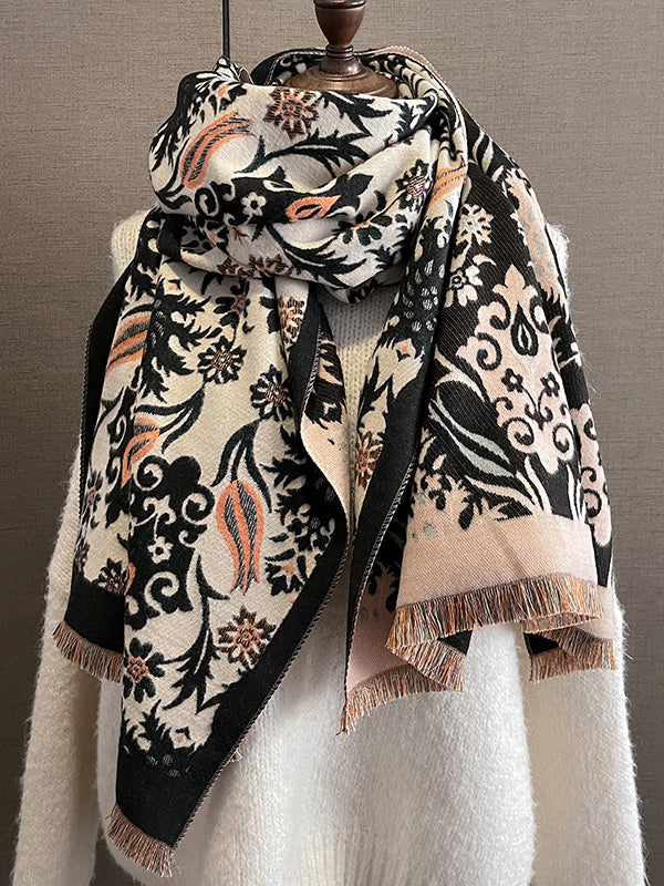 Fringed Keep Warm Knitted Flower Shawl&Scarf