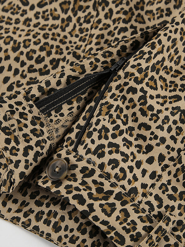 Leopard Printed Split-Joint High Waisted Loose Trousers Pants