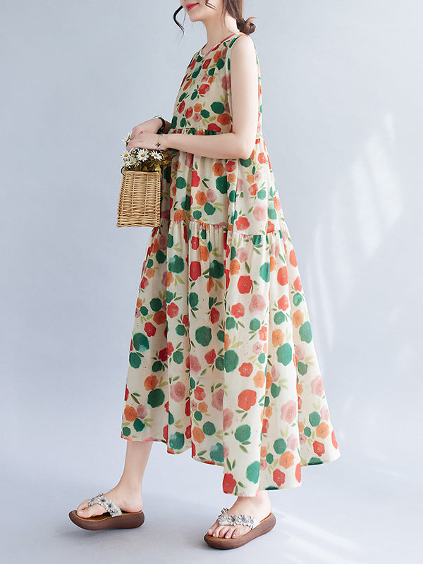 Floral Printed Pleated Split-Joint Loose Sleeveless Round-Neck Midi Dresses