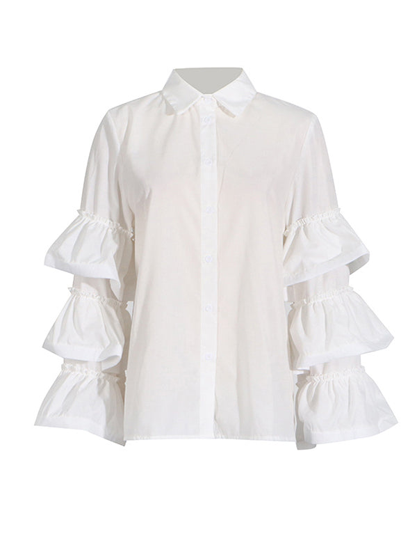 Buttoned Pleated Ruffled Solid Color Split-Joint Long Sleeves Loose Lapel Blouses&Shirts Tops