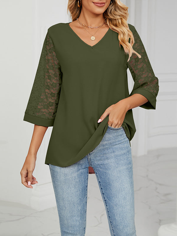 Mesh Solid Color Split-Joint Loose Three-Quarter Sleeves Round-Neck T-Shirts Tops