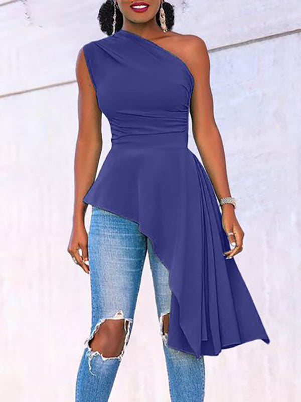 Asymmetric Pleated Solid Color Loose Sleeveless One-shoulder Vest Top