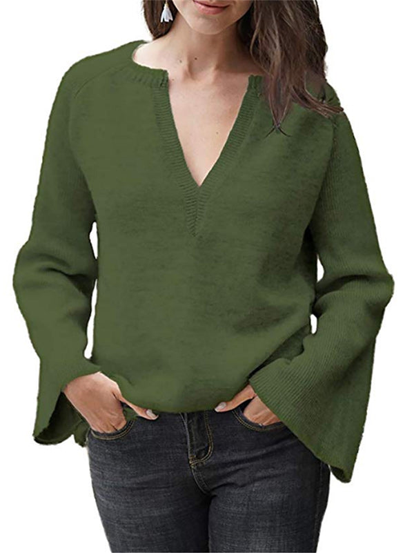 Casual Long Sleeves Loose Solid Color V-Neck Sweater Tops