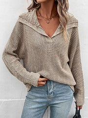 Casual Loose Long Sleeves Solid Color Lapel Collar Sweater Tops