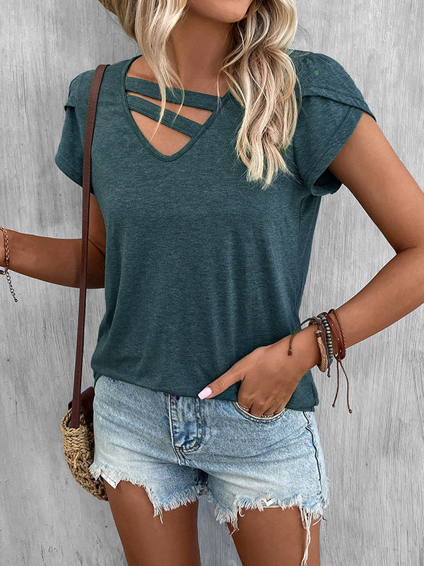 Solid Color Loose Short Sleeves V-neck T-Shirts Tops