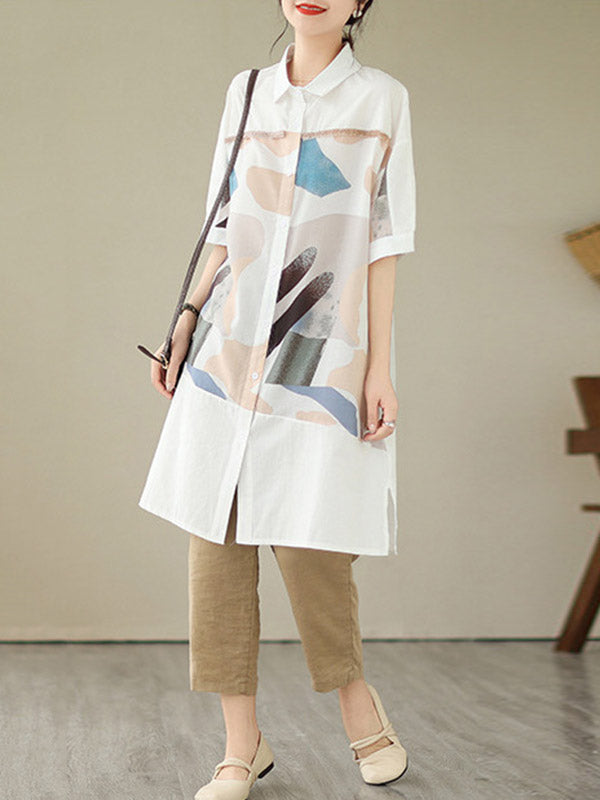 Buttoned Printed Split-side A-line Loose Lapel Shirt Dress Midi Dresses