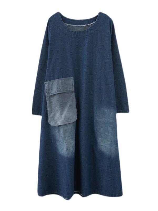 Artistic Retro Loose Denim Applique Round-Neck Long Sleeves Midi Dress