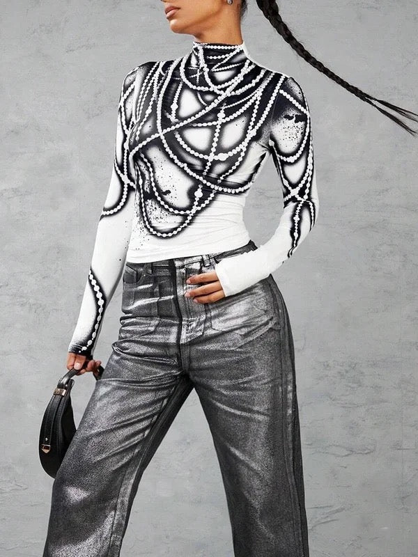 Printed Striped Long Sleeves Skinny High Neck T-Shirts Tops